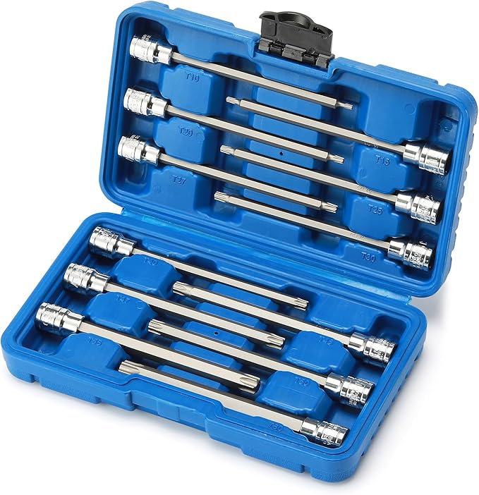 CASOMAN 3/8"Drive Extra Long Torx Bit Socket Set, 12 Piece Torx Star Bit Set, T10 to T60, Length: 150mm, CR-V&S2 Steel