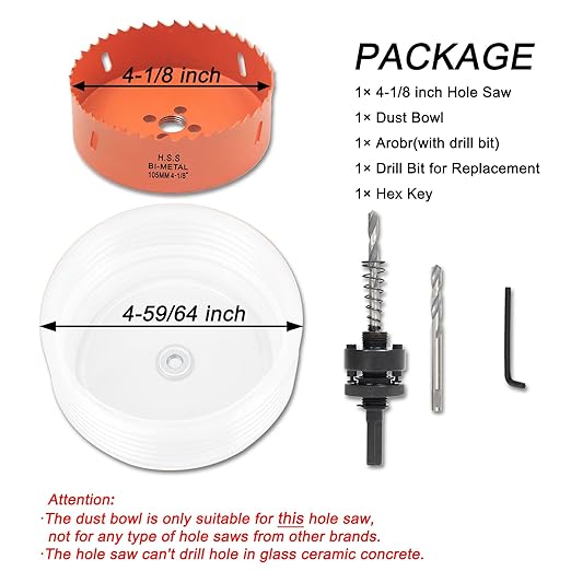 4-1/8 Hole Saw for Recessed Lights, 4.1 Inch Hole Cutter with Dust Bowl Catcher for Led Recessed Lighting 4 Inch and Wood Metal Drywall, Bi-Metal Construction