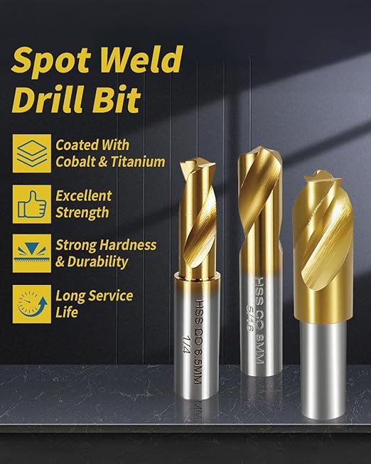 Spot Weld Cutter Sets Double Sided, 13 Pcs 3/8" and 5/16" HSS Spot Weld Cutter Remover Drill Bits with Hex Shank, Titanium Coated Cobalt Spot Weld Drill Bit Set Kit 6.5MM 8MM 10MM
