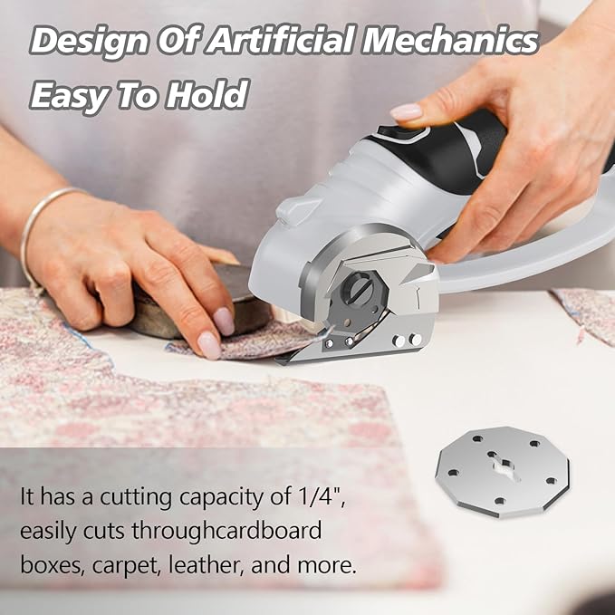 Cordless Electric Scissors, 4V Rechargeable Box Cutter & Cardboard Cutter with Titanium Blade, LED Light, Safety Lock - Rotary Cutter for Fabric, Leather, Carpet, Plastic, Crafting, Sewing (Grey)