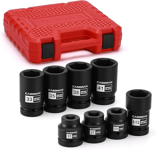 CASOMAN 8-Piece 1-Inch Drive Impact Socket Set, Metric & SAE, Truck Socket Wheel Service Impact Socket Set, 6-Point/Square Design, CR-MO