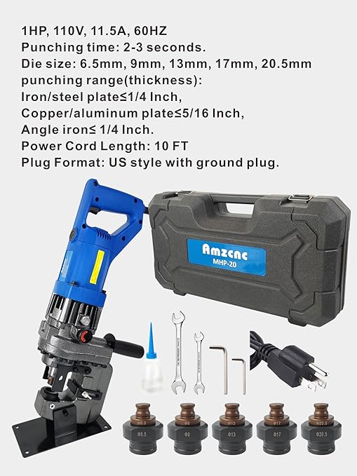 AMZCNC 110V 1200W Electric Hydraulic Hole Puncher 過1/4"-4/5" Punching Machine Metal Hole Punch with Carbon Brush 5 Dies for Iron Copper Aluminum Plate Angle Steel