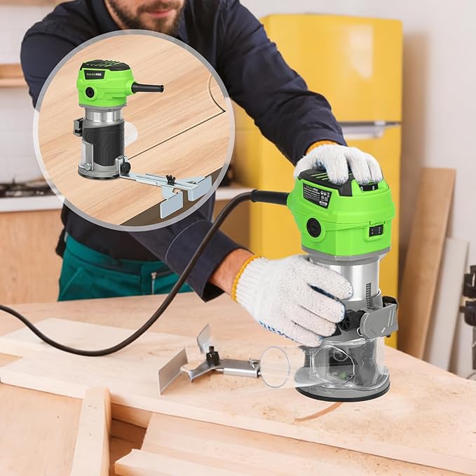 GALAX PRO 6.5 Amp Compact Wood Router with Fixed Base,1.25 HP Variable-Speed Trim Router 12000-30000RPM, Router Bits, Edge Guide, Roller Guide & Dust Hood