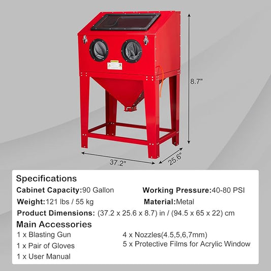90 Gallon Sandblasting Cabinet,40-80PSI Sand Blasting Cabinet with Glass Viewing Windows/LED Light, Heavy Duty Sand Blaster with 4 Nozzles & Blasting Gun for Paint, Rust Removal Red
