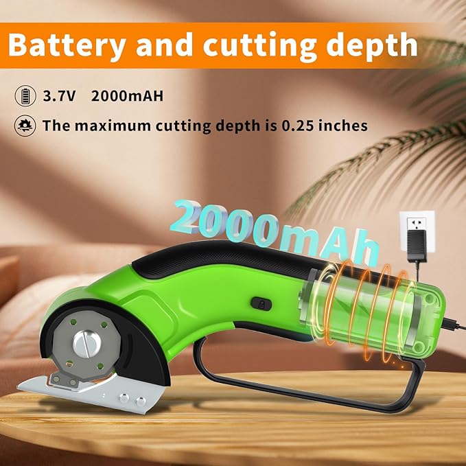 Cordless Electric Scissors Rechargeable with 2-Blade & Storage Bag, Powerful Rotary Cardboard Box Cutter 3.7V 2000mAh for Cloth Carpet Plastic Leather, Charging Cable(Green)