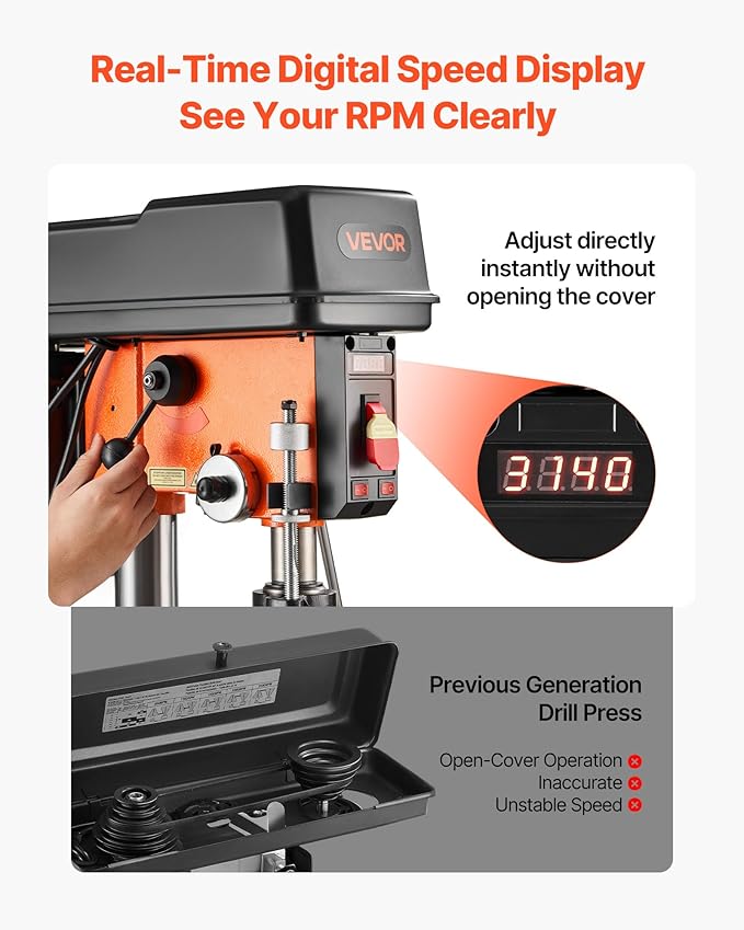 VEVOR 12-Inch Benchtop Drill Press, 6.2 Amp, 1 HP Bench Drill Press, 530 to 3140 RPM Variable Speed, 0-45째 Tilting Worktable, with Laser and LED Work Light, Tabletop Drilling Machine, for Wood Metal