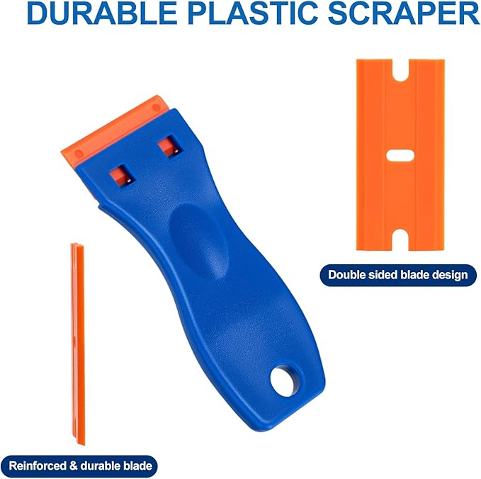 Plastic Razor Blade Scraper with Carry Case, 2 Pack Razor Scraper Set with 100 Pcs Razor Blades, Non Scratches Sticker Remover Tool for Cleaning Gaskets and Paints on Window Car Glass