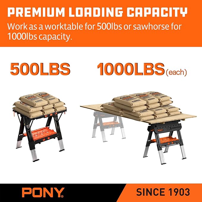 Pony Portable Folding Work Table, 2-in-1 as Sawhorse & Workbench, 31??W횞25??D횞25??35?쒱, Large Load Capacity with 4pcs Clamps, 4pcs Bench Dogs