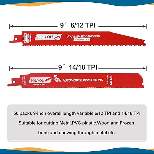 50 Pack 9 Inch 6/12 Tpi Reciprocating Saw Blades Bi-Metal Steel Demon with Perma-Shield Coating Stud and Reciprocating Saw Blades for Cutting Embedded Wood Metals PVC Pallets etc.