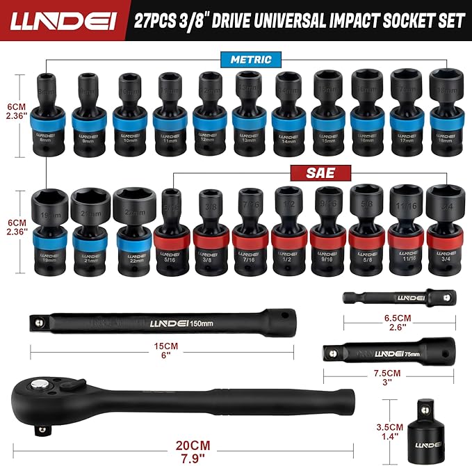 LLNDEI 27Pcs 3/8" Drive Swivel Impact Socket Set, CR-MO Swivel Socket Set Metric(8-22mm)& SAE(5/16-3/4),6 Point Wobble Socket Set with Ratchet Wrench, Extension Bar and Adapters.