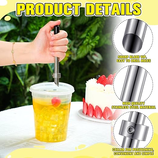 Lasnten 2 Pack Straw Puncher for Plastic Lids Lemonade Cups, Stainless Steel Straw Hole Puncher Punching Tools for Cafe Drinks Deli Container Squeezed Fresh Lemonade Stand Supplies(6.3 Inch,Black)