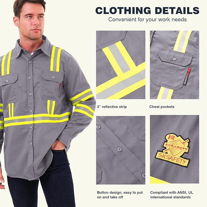 SKSAFETY 7oz FR Shirts for Men, Welding Shirt Hi Vis Flame Resistant 100% Cotton Fire Retardant Longsleeve Shirt CAT2