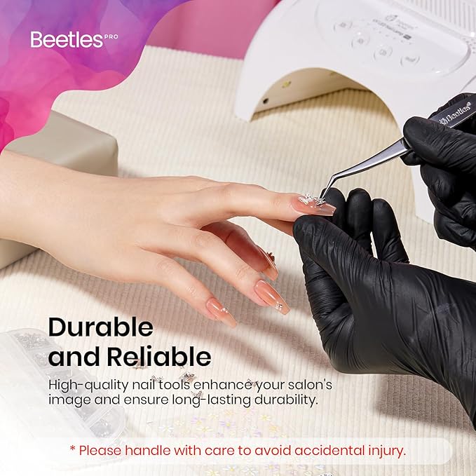 Beetles Pro Sticker Tweezers - Dual Ended Nail Art Tweezer, Curved Tip Pick Up Pearls Rhinestones, Silicone Tip Press Stickers Nail Art Tool Ultra Precision Stainless Steel Nippers