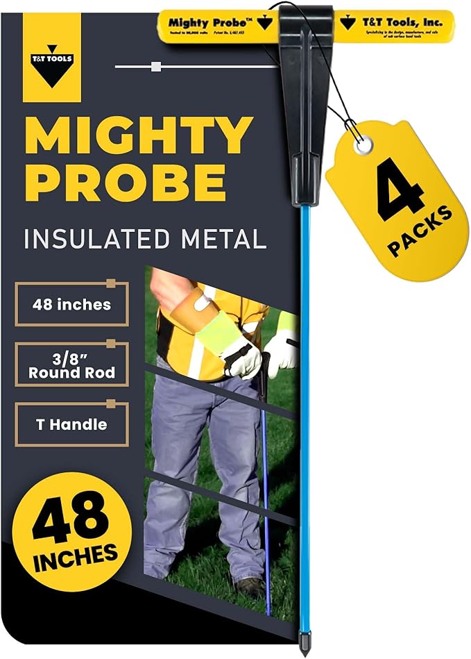 T&T Tools 48-Inch Mighty Probe Insulated Metal Soil Probe ??3/8" Metal Round Rod, Heavy Duty Design for Easy Penetration & Withdrawal, Soil Testing & Landscaping Tools, T-Handle, USA-Made-4 Pack