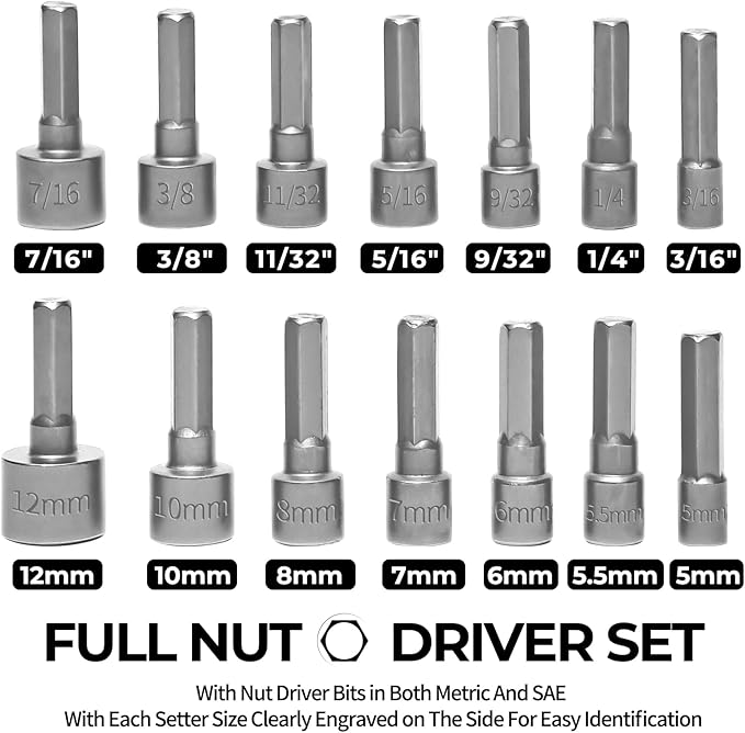14-Piece Power Nut Driver Set, 1/4 Inch Hex Shank Metric & SAE Socket Wrench Drill Bits for Impact Driver, Power Drill and Screwdriver