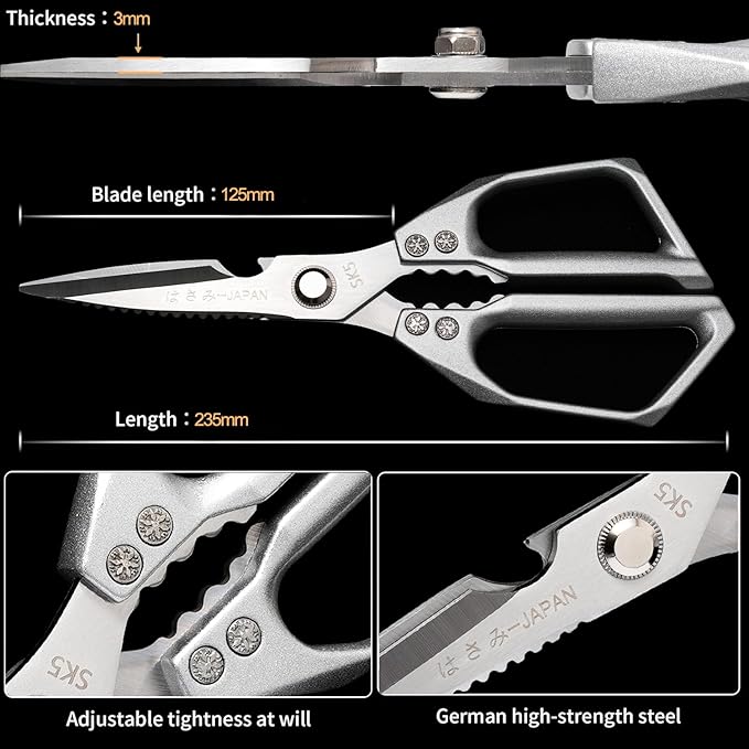 Japanese Kitchen Shears - Professional Heavy Duty Poultry Scissors, Premium Stainless Steel Blade, Sharp Silver Meat Scissors Cuts For Chicken Bones, Meat, Turkey, Fish, Dishwasher Safe