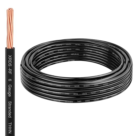 XRDS-RF THHN Wire 15FT, 6AWG Stranded Copper THHN Electrical Wire, Black Nylon-Coated Thermoplastic Insulated Cable for Indoor Conduit Wiring, 600V Rated