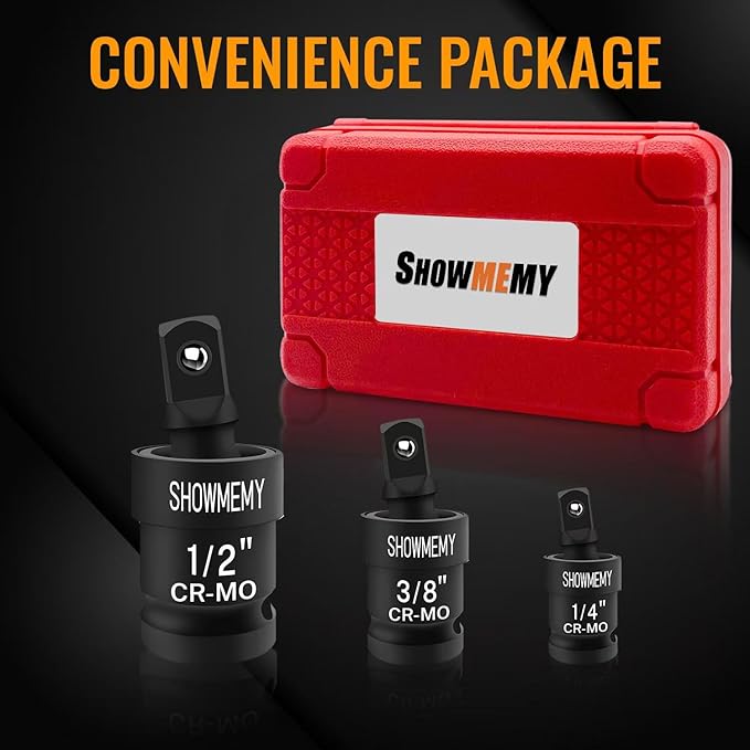Swivel Socket Set, 3 PCS Impact Swivel Socket Set, Wobble Socket, Impact Grade Universal Joint, Cr-Mo Steel, 1/4-Inch, 3/8-Inch, 1/2-Inch Drive