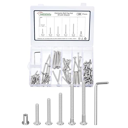 METALLIXITY Furniture Crib Screws Replacement Set with Wrench(M6-1x35/45/55/65/75mm) 120Pcs, Connector Bolts M6 Screw Barrel Nuts Binding Screws, for Chair Cabinet Bed, Silver
