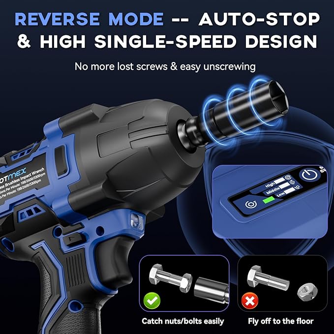 Protmex 900Ft-lbs (1200N.m) Impact Wrench, 1/2" Cordless Impact Gun, 21V High Torque Brushless Impact Driver, 2x4.0Ah Batteries Electric Impact Motor Variable Speeds for Car/Pickup Truck/Mower, Blue
