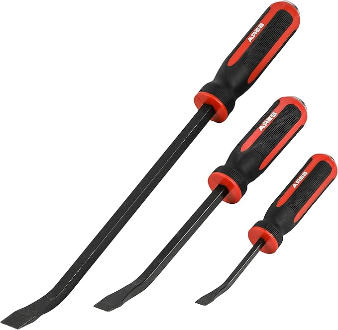 ARES 46008-3-Piece Pry Bar Set - 8-Inch, 12-Inch, and 17.5-Inch Pry Bars - Angled Tip for Lifting and Prying - Comfortable Non-Slip Double Injection Handle - Heavy Duty Striking End Cap