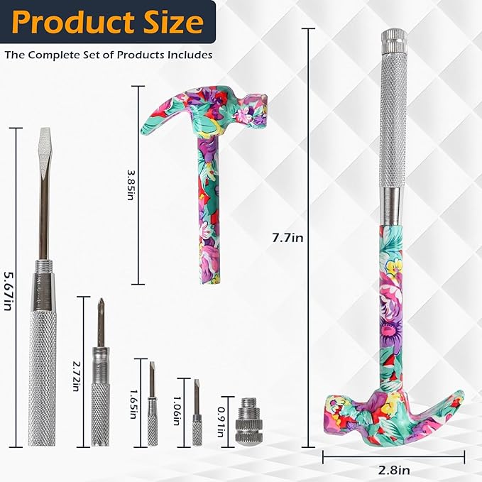 Home-X 6-in-1 Floral Hammer – Multifunctional Hammer with Screwdrivers Inside | Includes Slotted Flat Head, Phillips, Flat Head 2, and Hammer Cup | Portable Mini Hammer Tool (Pink)