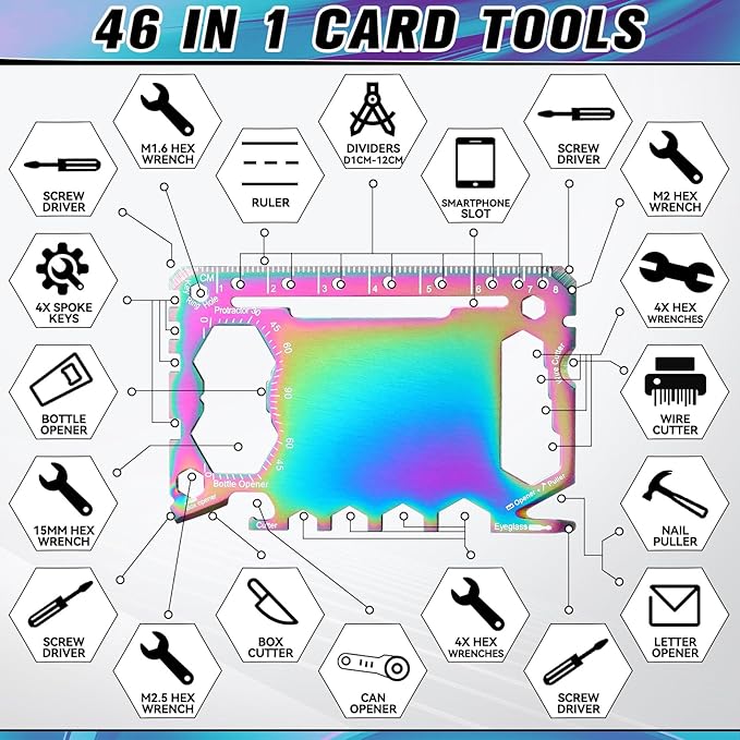 Cholemy 12 Pcs Credit Card Wallet Multitool 46 in 1 Metal Stainless Steel Survival Pocket Tool Multipurpose Bottle Opener Bulk for Men Christmas Stocking Stuffer Gift(Colorful,Classic Style)