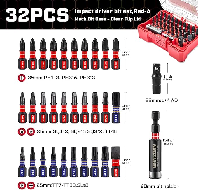 32Pieces Impact Screwdriver Bits Set, S2 Steel Magnetic Phillips/Slotted/Square/Security Torx Muliti Insert Bits Tips Set with Impact Bit Holder and 1/4?쒾ocket Adapter(Red Storage Box Case)