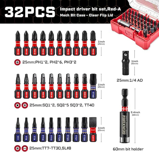 32Pieces Impact Screwdriver Bits Set, S2 Steel Magnetic Phillips/Slotted/Square/Security Torx Muliti Insert Bits Tips Set with Impact Bit Holder and 1/4?쒾ocket Adapter(Red Storage Box Case)