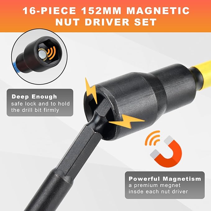 AEROFORCE 16PCS Magnetic Nut Driver Set for Impact Drill, 6 Inch Extra Long Nut Drivers with Sturdy Tool Box, SAE/Metric 1/4" Hex Shank Socket Set for Drill, DIY and Repair Car