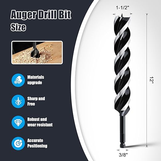 1-1/2" x 12" Auger Drill Bit for Wood, Hex Shank Tri Flute Ship Auger Long Drill Bit for Soft and Hard Wood,Tree Stump,Plastic,Drywall and Composite Materials