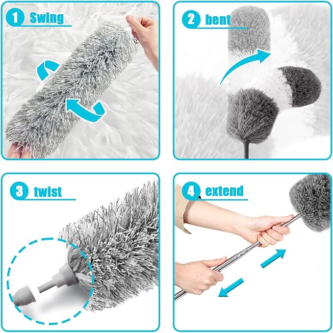 Feather Duster for Cleaning Extendable - Feather Duster for Cleaning The Indoor. 110 in Long Duster with Extension Pole for Clean Ceilings and Fans. Microfiber Duster for Blinds. Washable Dduster.