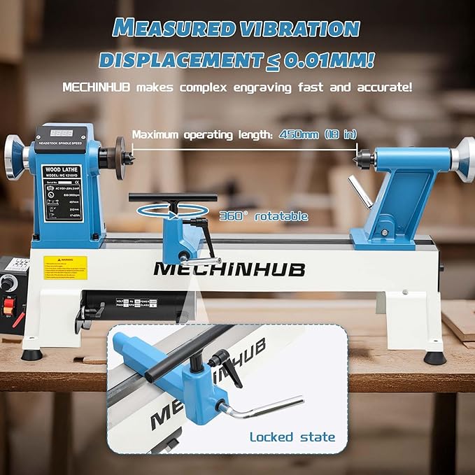 12" x 18" Digital Display Wood Lathe Machine, Benchtop Wood Lathe Machine 3/4HP Infinitely Variable Speed 650-3800 RPM Professional for High Speed Sanding and Polishing