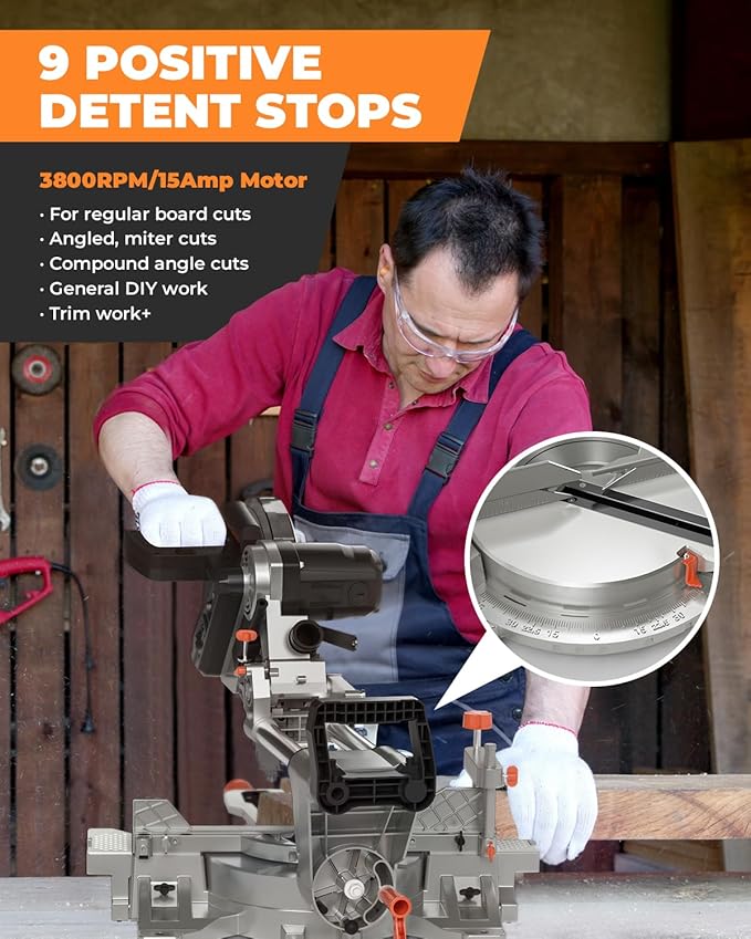 DWT 12-inch Compound Miter Saw with Double Bevel Cutting (-45/0/+45), Laser Guide, 9 Positive Stops, 3800RPM, 15Amp Miter Saw with Extension Table, 4.2x13in Cutting Capacity