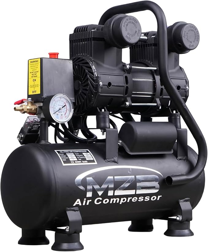MZB 2.4 Gallon Ultra Quiet Air Compressor 110V/60Hz 1.0HP 5.65CFM, MAX 115PSI Steel Tanks Oil-Free 72dB Noise Level Air Compressor with Wheels for Spray Painting, Auto Repair, Carpentry Decoration