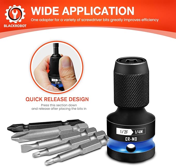 BLACKROBOT 2PCS Quick Release Impact Bit Holders 1/2-Inch Square Drive to 1/4-Inch Hex Socket Adapter, CR-MO Steel, Blue