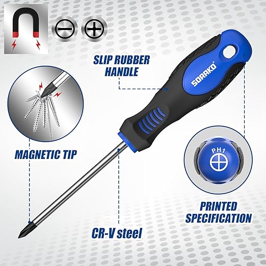 SORAKO 11-Piece Magnetic Screwdriver Set, 5 Phillips and 5 Slotted Tips, Include Magnetizer, Screwdriver with Professional Non-Slip Grip, for Home Repair and DIY Projects竊똚ith Case