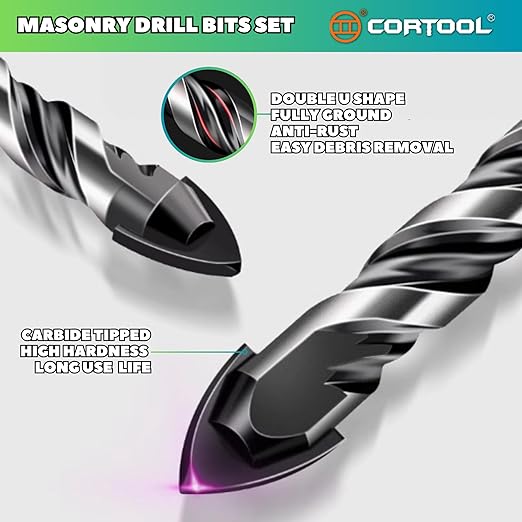 Masonry Drill Bits Set, Drill bits for Tile, Brick, Cement, Glass, 12Pcs Concrete Drill Bit Set, Size 1/8",5/32",3/16" x2,1/4" x4,5/16" x2,3/8",1/2", Carbide Drill Bits Tip