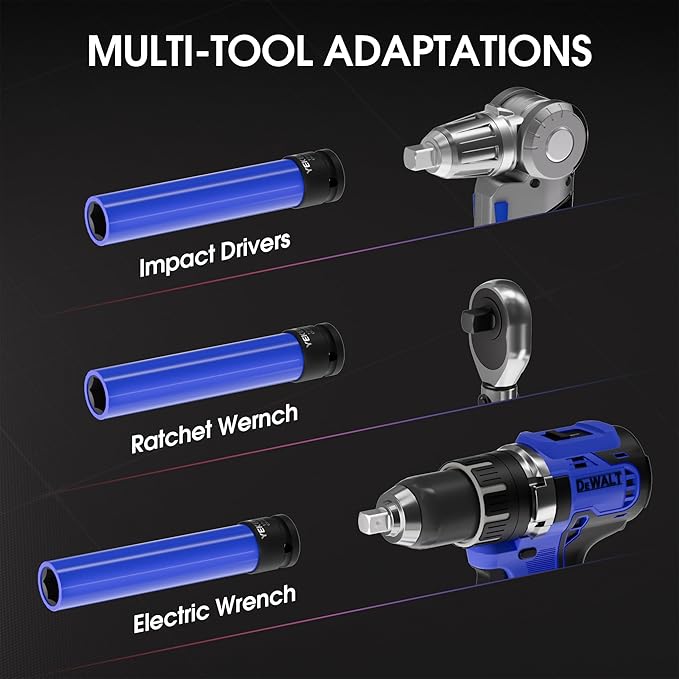 3-Piece 1/2" Drive Extra Long Impact Lug Nut Socket Set, 6" Thin Wall, 17mm 19mm 21mm, with Color Protective Sleeves