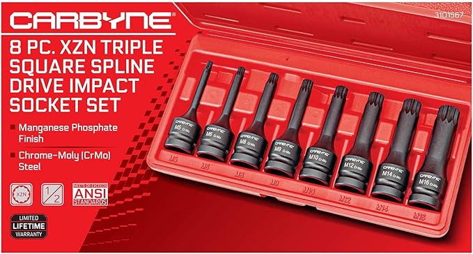 CARBYNE 8-Piece XZN Triple Square Spline Drive Impact Bit Socket Set, 12 Point, Chrome Molybdenum (Cr-Mo) Steel | Metric M5 to M16 | 1/2 inch Drive