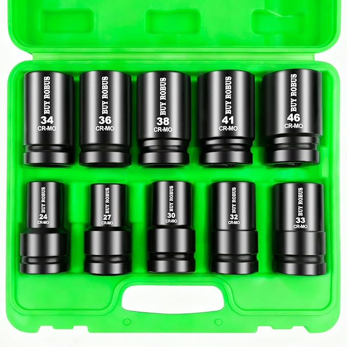 10 Pieces 1-Inch Drive Deep Impact Socket Set, 24mm, 27mm, 30mm, 32mm, 33mm, 34mm, 36mm, 38mm, 41mm,46mm CR-MO, Metric, 6-Point, Heavy Duty Wheel Impact Socket Set