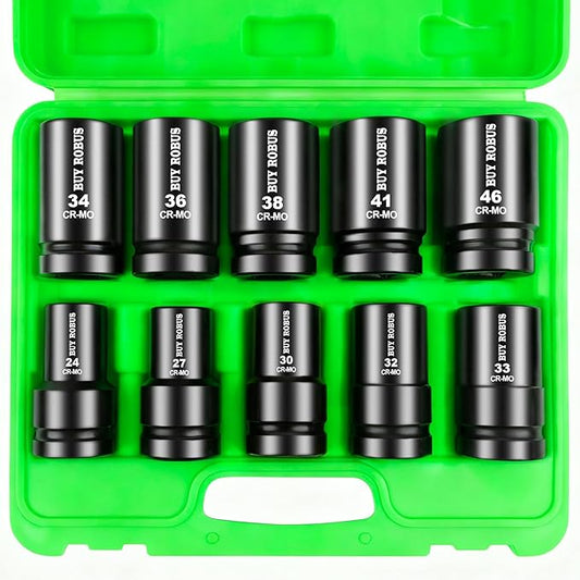 10 Pieces 1-Inch Drive Deep Impact Socket Set, 24mm, 27mm, 30mm, 32mm, 33mm, 34mm, 36mm, 38mm, 41mm,46mm CR-MO, Metric, 6-Point, Heavy Duty Wheel Impact Socket Set