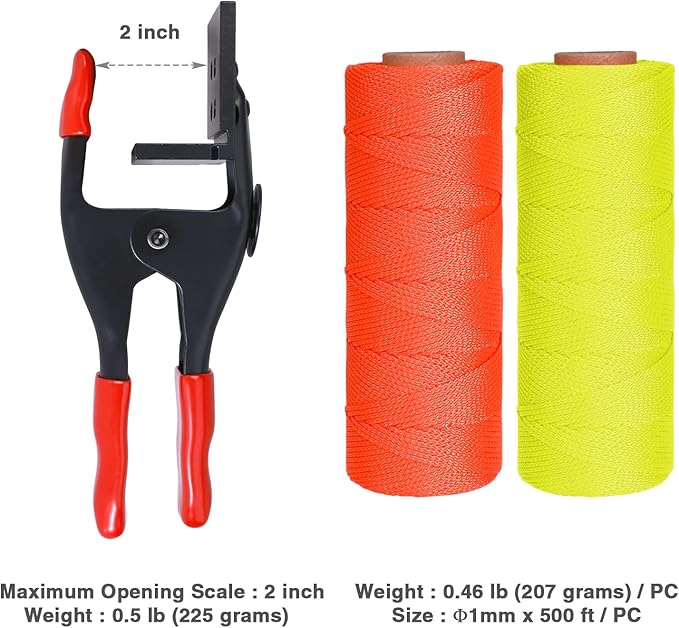 Goldblatt 4 Pieces Mason Line Clamps & Mason Line String Line - Red & Orange Nylon Twine String Rolls, Concrete Tools Set, Construction Masonry Measurement String for A String Level