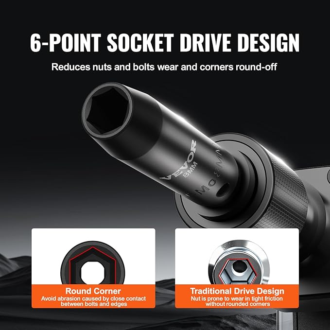 VEVOR Drive Impact Socket Set 3/8" - 18 Piece Deep Socket Set Metric 8-22mm - 6 Point CR-V Alloy Steel for Auto Repair - Easy-to-Read Size Markings - Rugged Construction Includes Storage Case