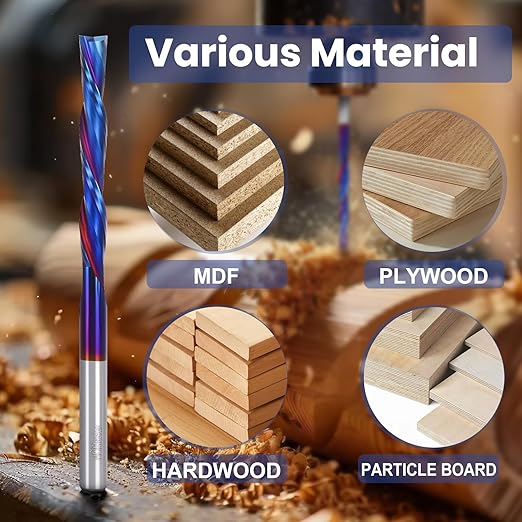 HQMaster Extra Long Spiral Router Bit Down Cut 1/4 Inch Shank Solid Carbide CNC Router Bit with Nano Blue Coating CNC Bits End Mill for Woodwork Mortise Slot Trim
