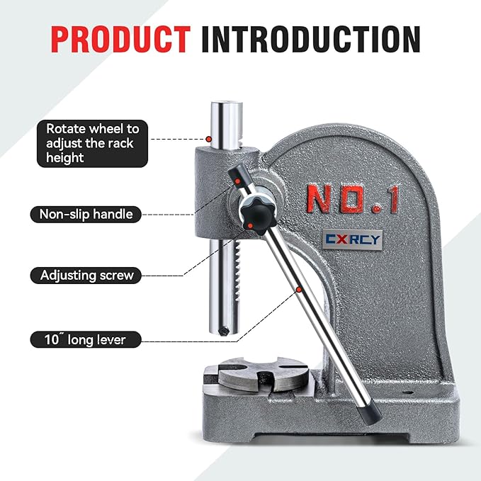 CXRCY Arbor Press 1 Ton Round Ram, Cast Iron Heavy duty Upgraded Manual Arbor Press 1 Ton, 5.5" Maximum Height, Desktop Arbor Press, Metal Punch Press Machine for Stamping Bending Forming Stretching