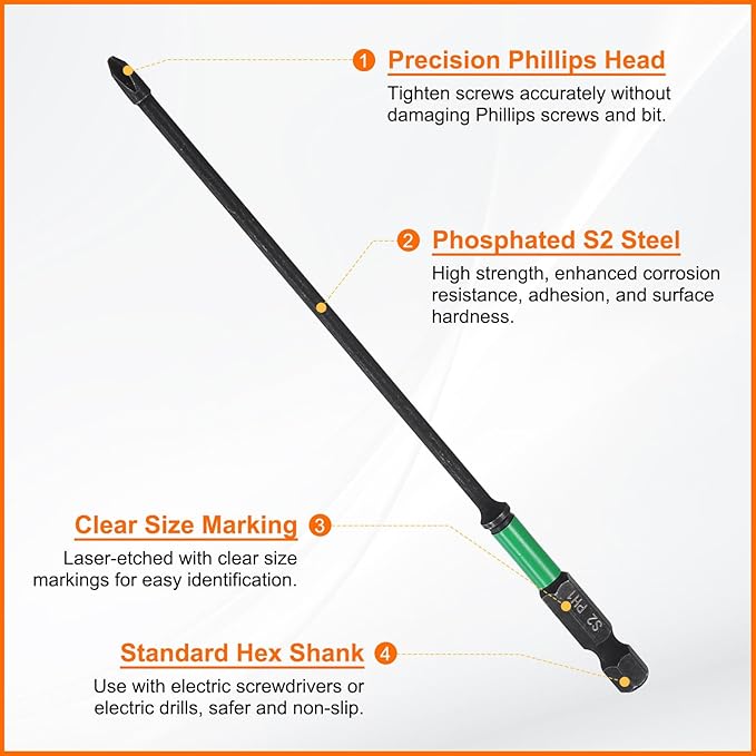 HARFINGTON 3pcs #1 Impact Phillips Screwdriver Bit PH1 1/4" Hex Shank 6" (150mm) Long 0.12" Rod Magnetic Cross Head Drill Bits S2 Steel Industrial Screw Driver for Impact Power Drivers