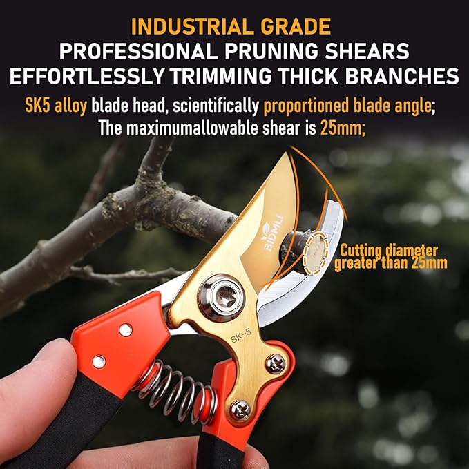 Heavy Duty Pruning Shears竊똆arden Scissors & Clippers with Red-BIDMLI 8.66" SK5 Steel Blades & Aluminum Alloy Handles, Tree Branch Cutter, Ideal for Thick Branches, Dry Twigs, Flower Pruning Tool.