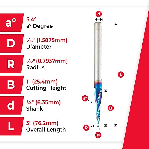 Amana Tool 46282-K-5 5-Pc CNC Solid Carbide Spektra Extreme Tool Life Coated Tapered Spiral 2D/3D Carving 1/16 Dia x 1/4 Inch SHK Router Bit Pack