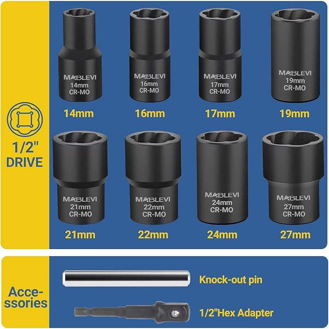 MABLEVI 10 PCS Bolt Nut Extractor Set, 1/2" Drive Impact Lug Nut Remover Socket Tool with Center Punch Bar for Damaged, Frozen, Studs, Rusted, Rounded-Off Bolts, Nuts & Screws